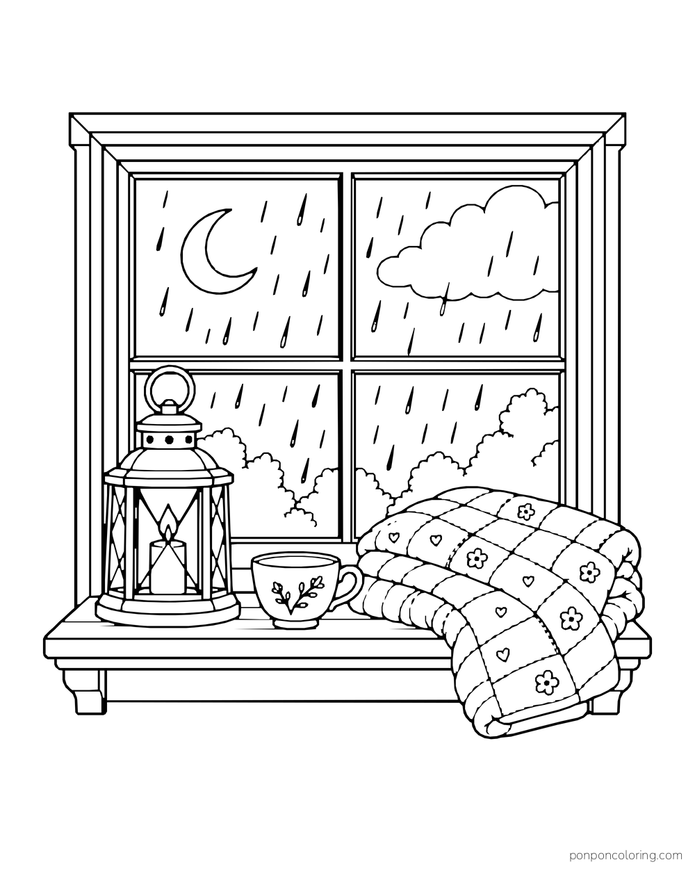 A lantern, mug, and folded quilt sit beside a window dotted with nighttime rain.