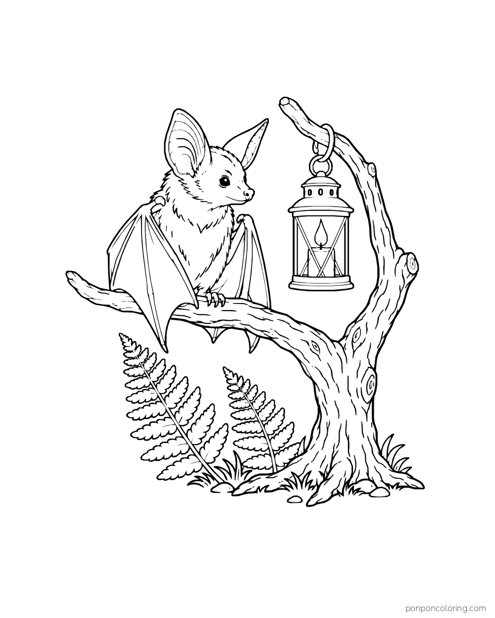A bat perches on a short rooted tree beside a hanging lantern and two ferns.