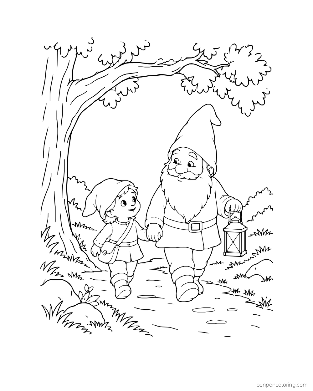 Older gnome carrying a lantern and walking with a younger gnome under a tree branch.