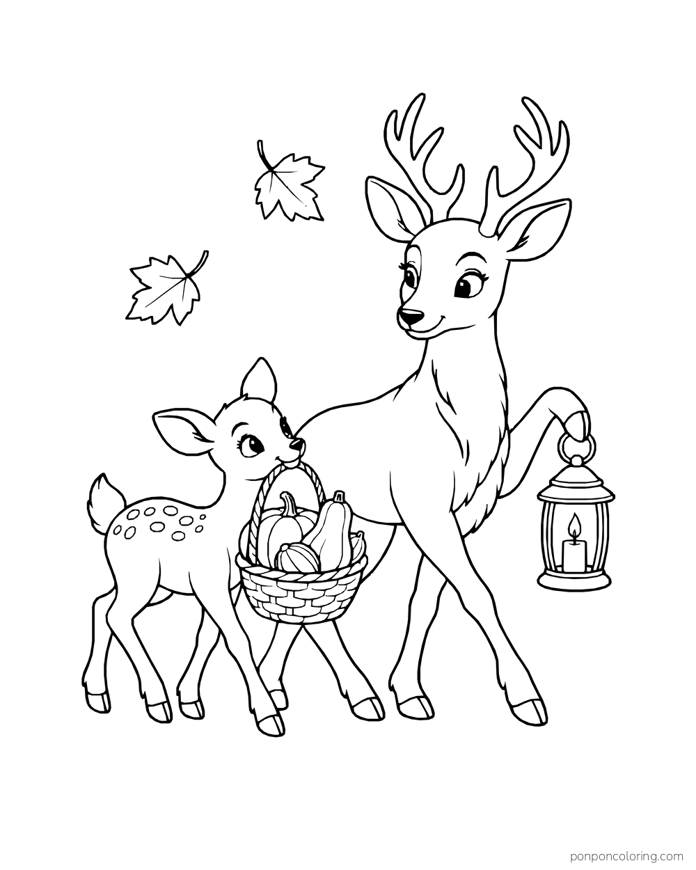 A deer carries a lantern as a fawn walks with a squash basket beneath falling leaves.