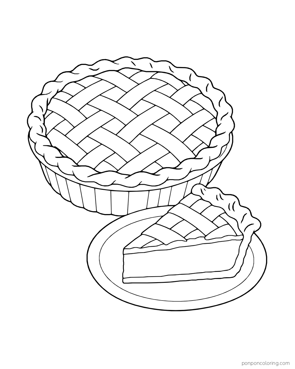 A round lattice-topped pie sits beside a slice on a plate.
