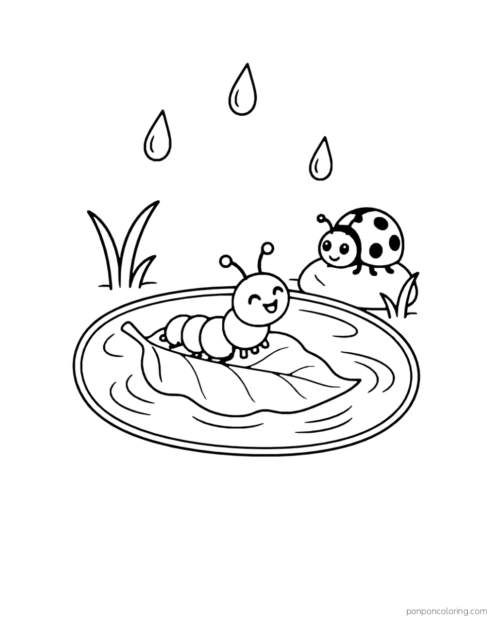A caterpillar rides a fallen leaf across an enclosed puddle while a ladybug watches.