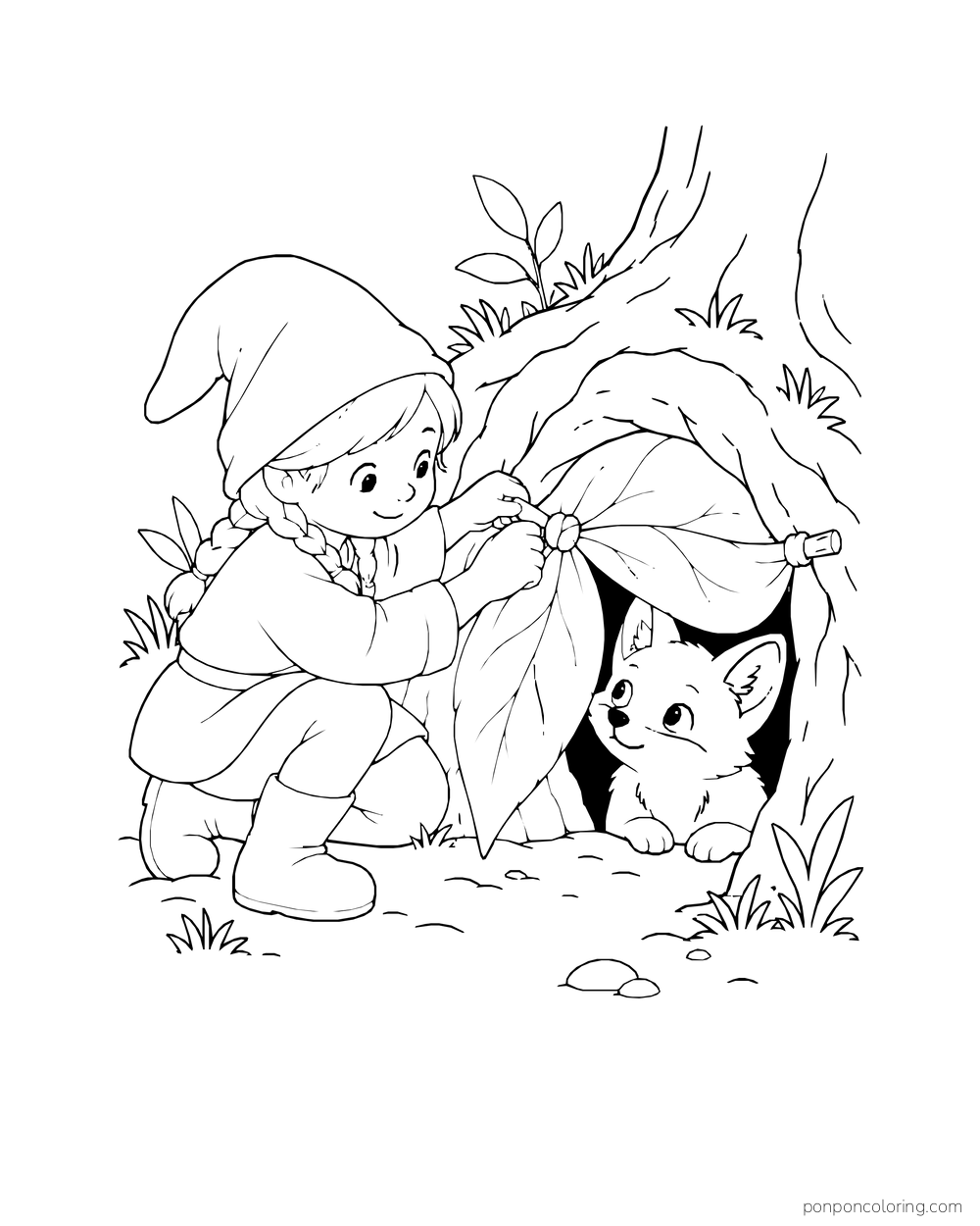 Braided gnome tying a large leaf across a fox den opening while a young fox looks out.
