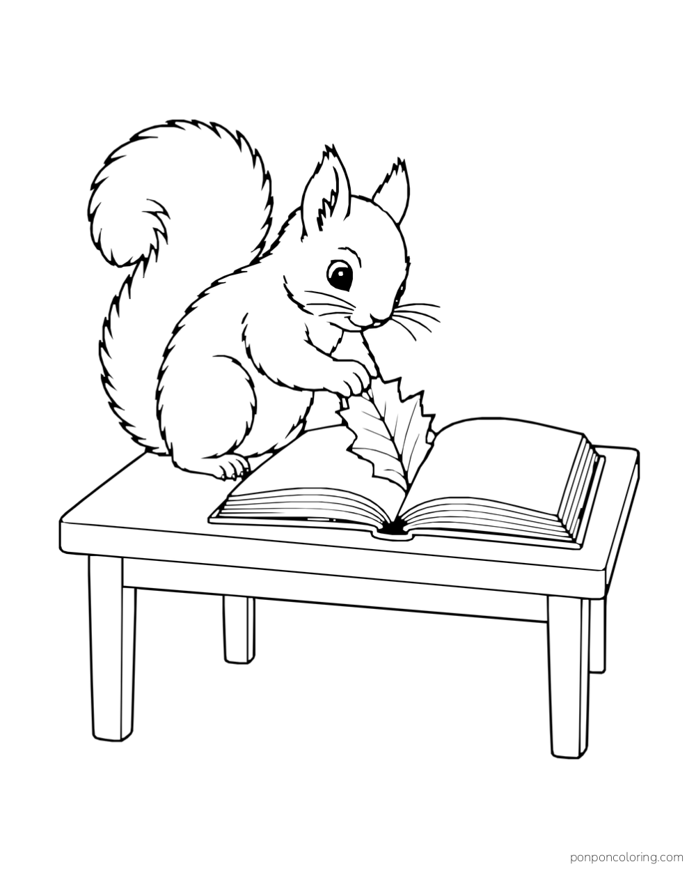 A squirrel placing a leaf into an open book on a table.
