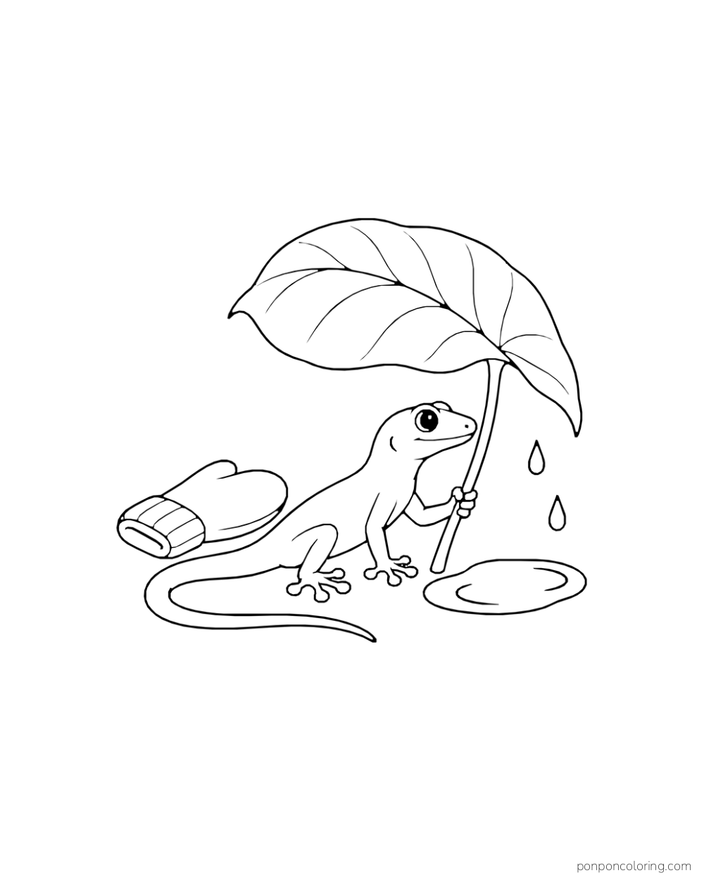 A gecko holds a broad leaf over its head beside a small oval puddle and a folded mitten.