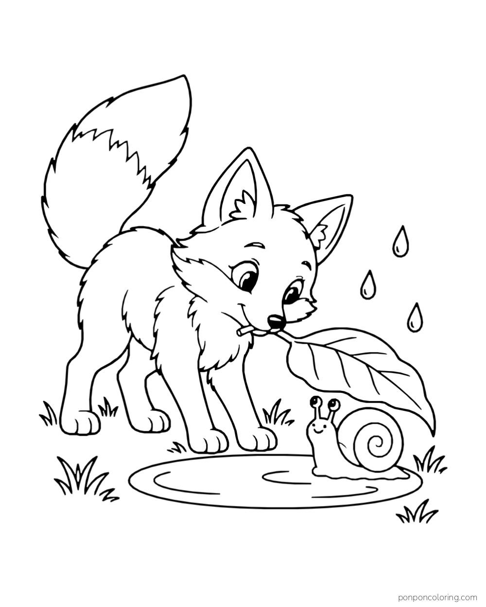 A fox holds a broad leaf over a snail beside a small puddle in the rain.