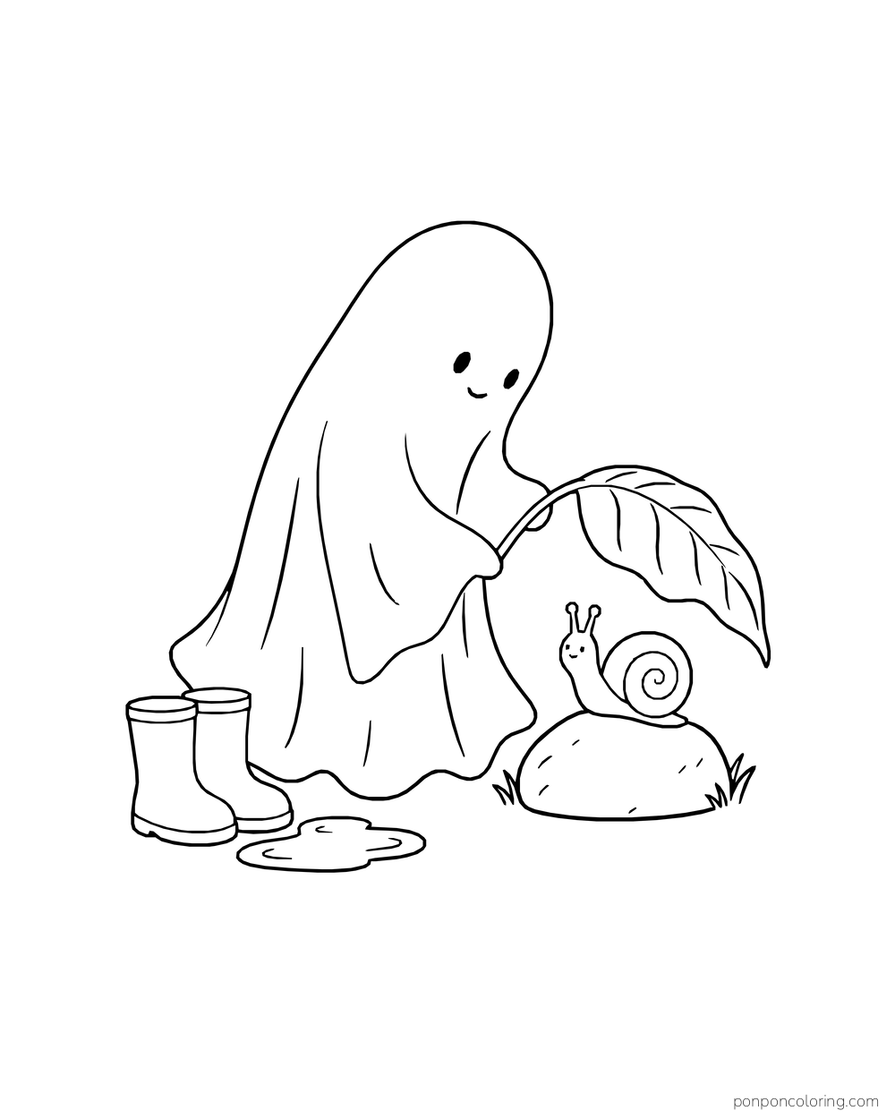A ghost holds a broad leaf above a snail on a little mound.