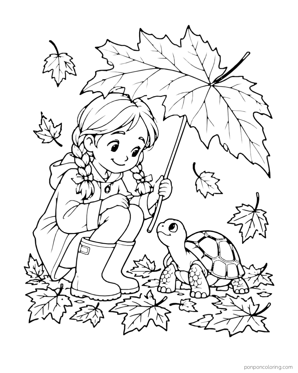 A boot-wearing child holds a large leaf above a tortoise among fallen leaves.