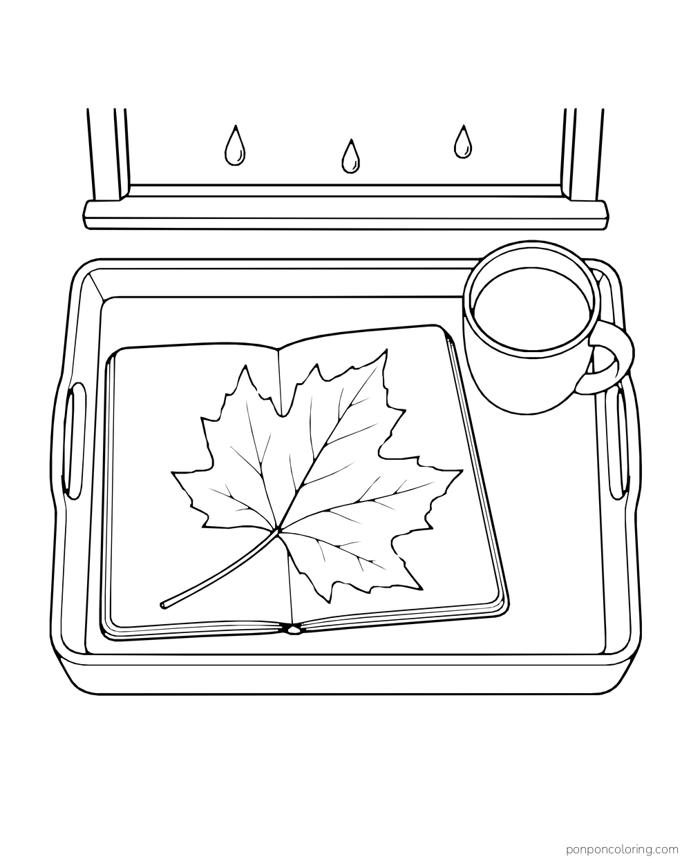 Overhead view of an open sketchbook showing a large leaf beside a mug on a tray near a rainy window.