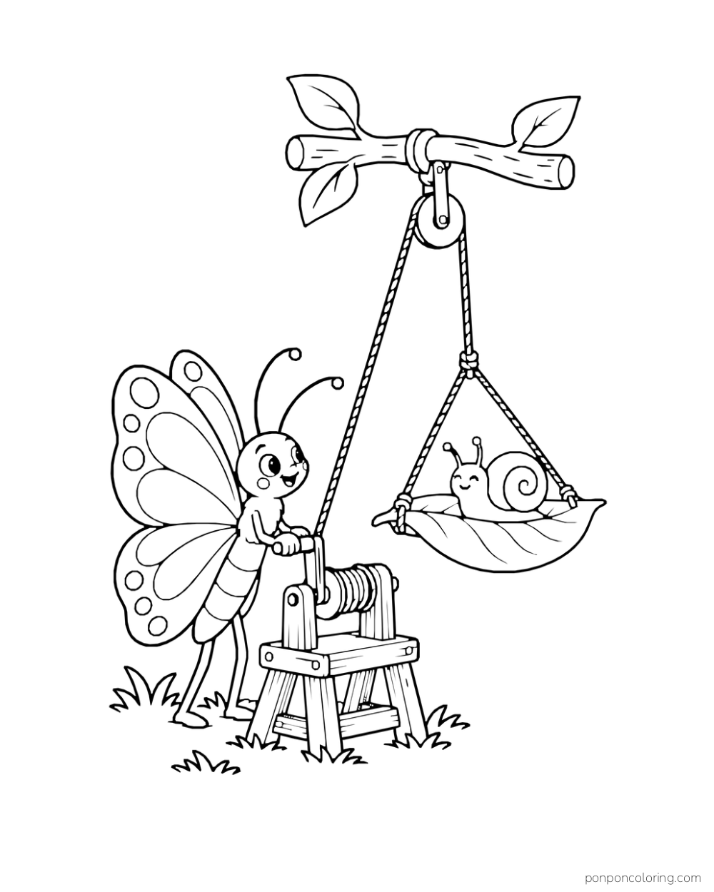 A butterfly turns a small crank that lifts a snail sitting safely on a leaf platform.