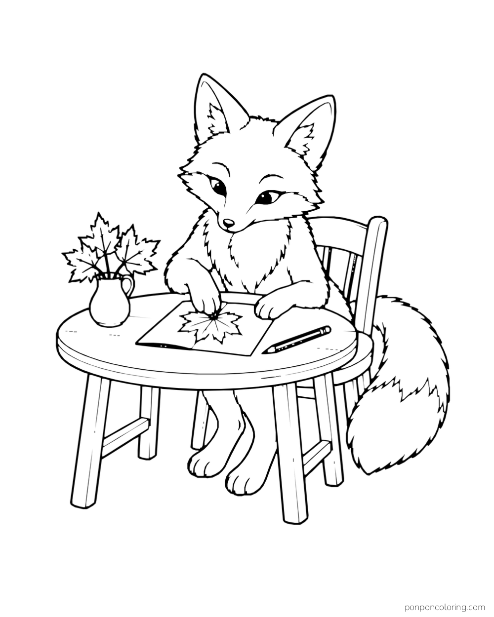 A fox presses a maple leaf onto a blank card at a round table.