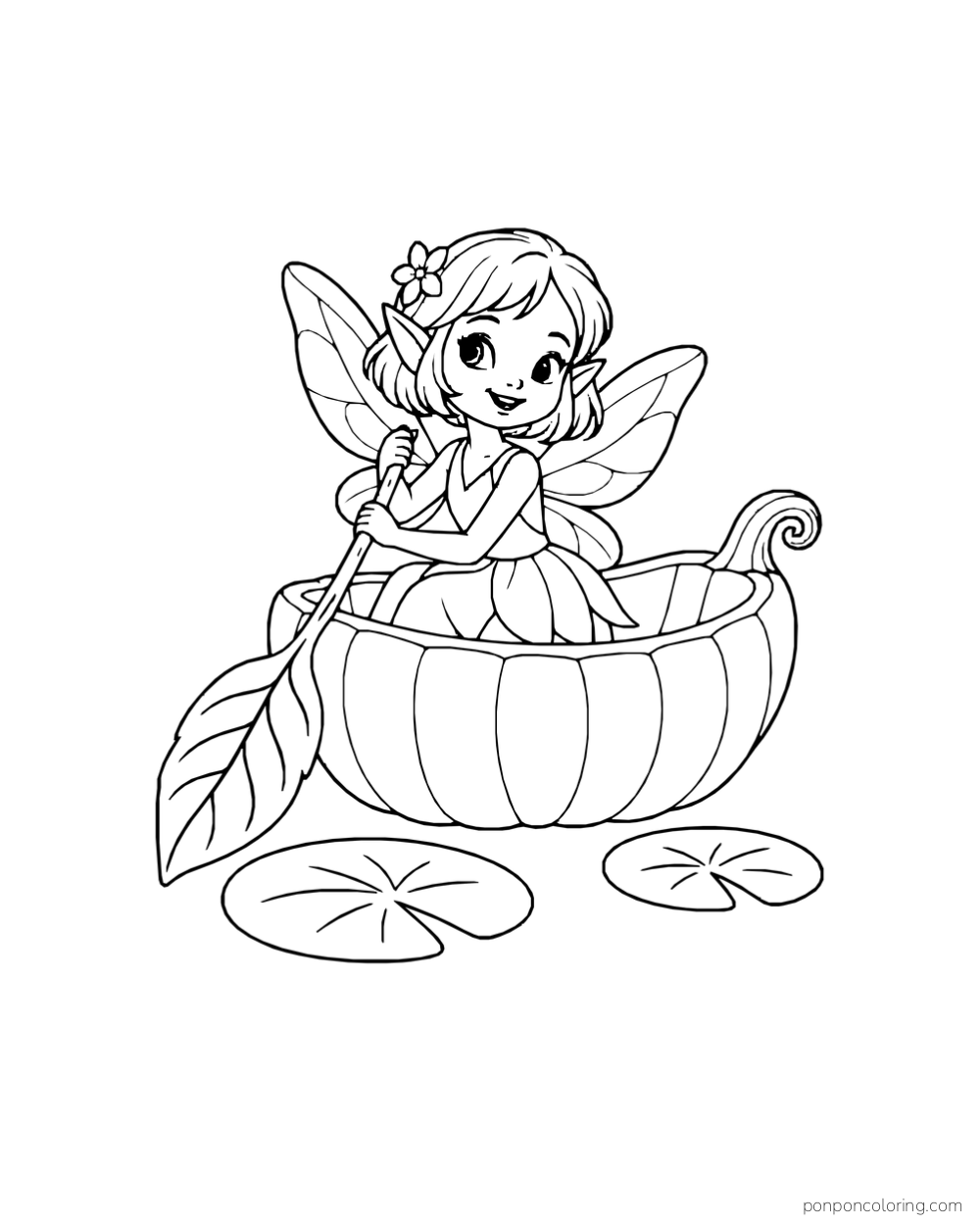 A winged fairy with a bob haircut paddles a pumpkin-half boat beside two lily pads.