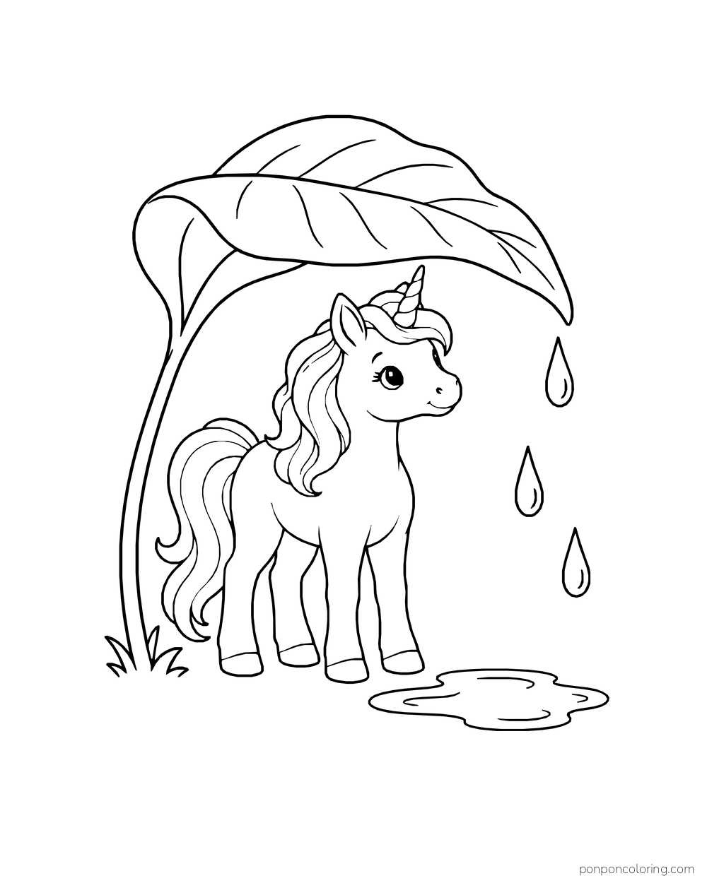 A unicorn foal shelters beneath one oversized leaf with raindrops and a puddle.
