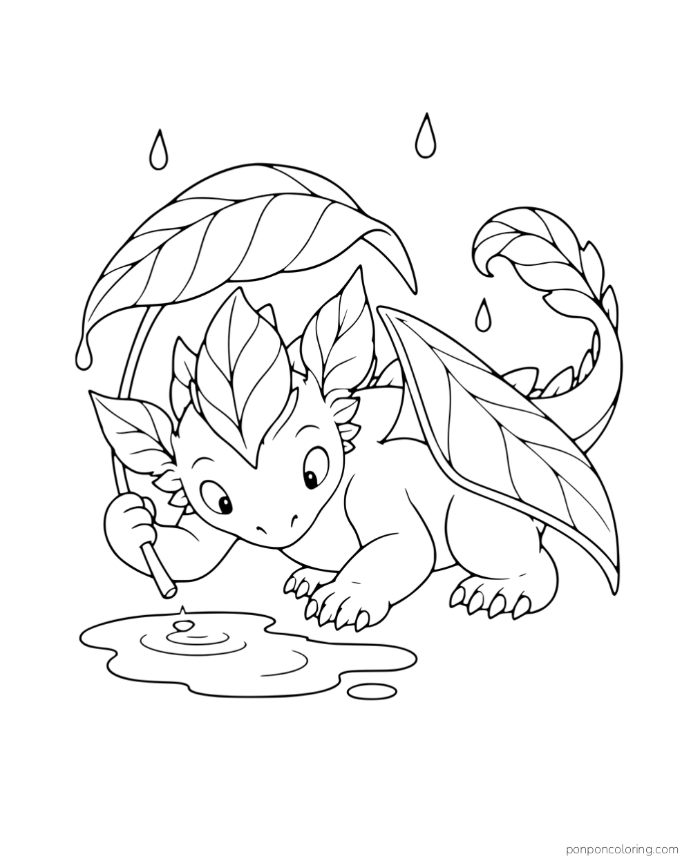 A leafy dragon holding a broad leaf over its head beside a puddle and falling drops.