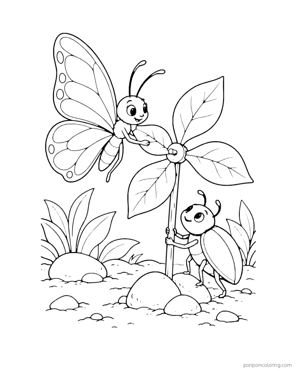 A butterfly holds a leaf windmill while a beetle steadies its short pole among stones.