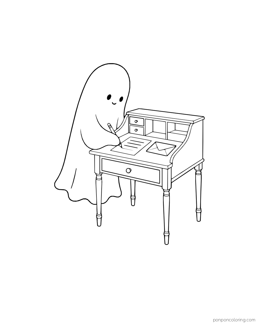 A ghost writes at a small desk with drawers and an open letter.