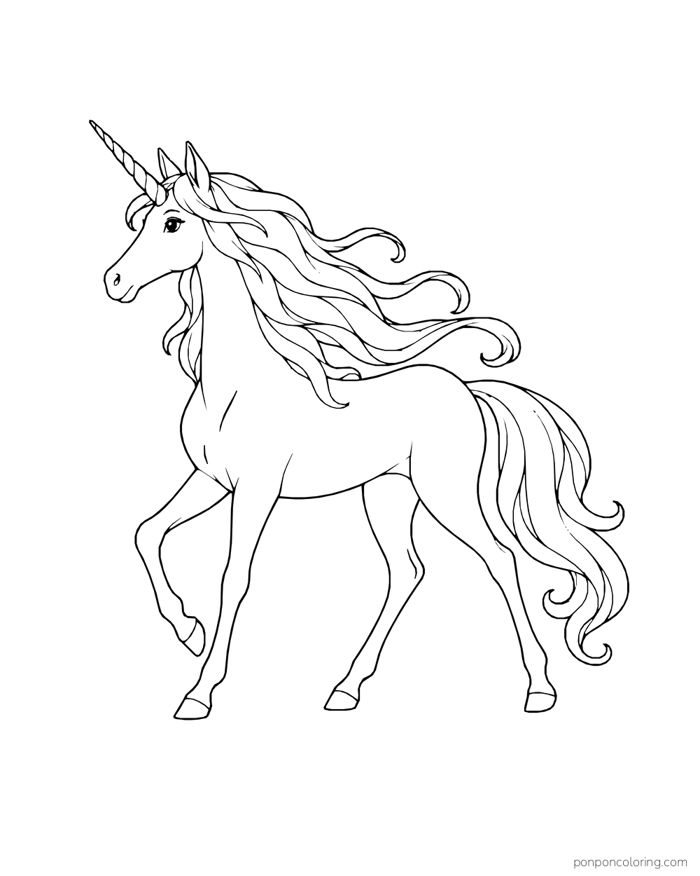 A slim unicorn trots with one front hoof lifted and its mane trailing behind.