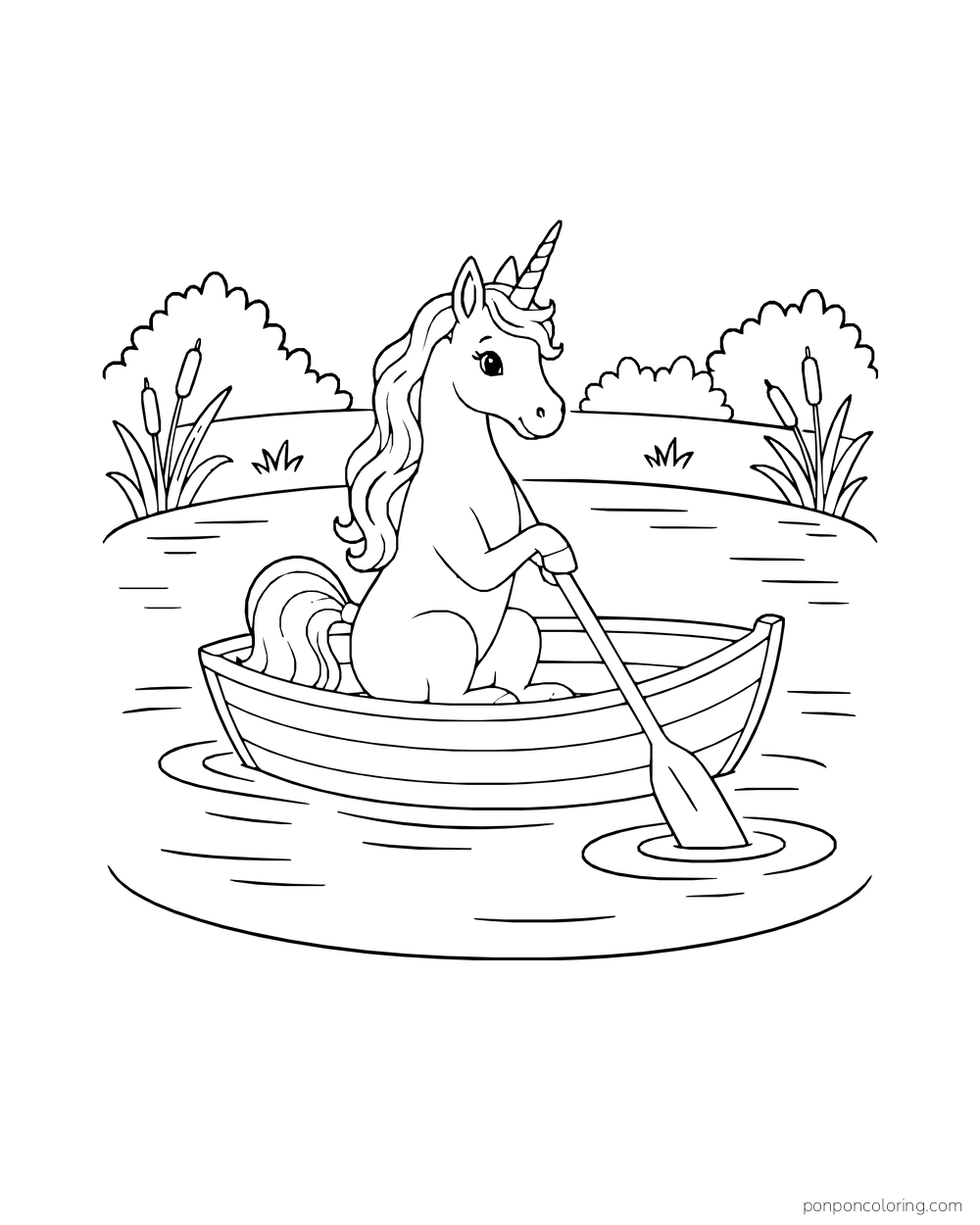 A unicorn sits in a rowboat and holds one oar on a small pond.