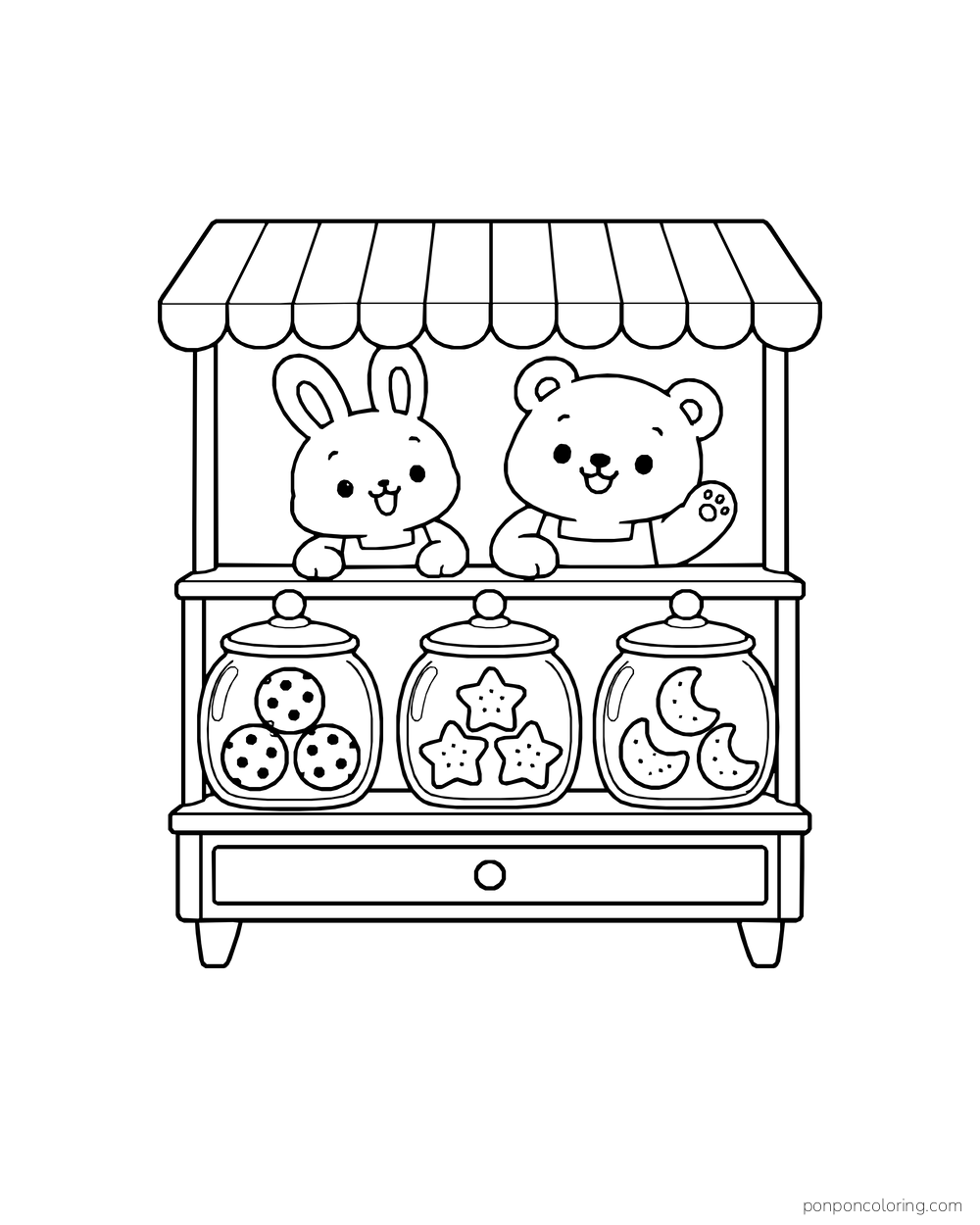 A rabbit and bear behind a cookie shop counter with three glass jars of round, star, and crescent cookies under a striped awning.