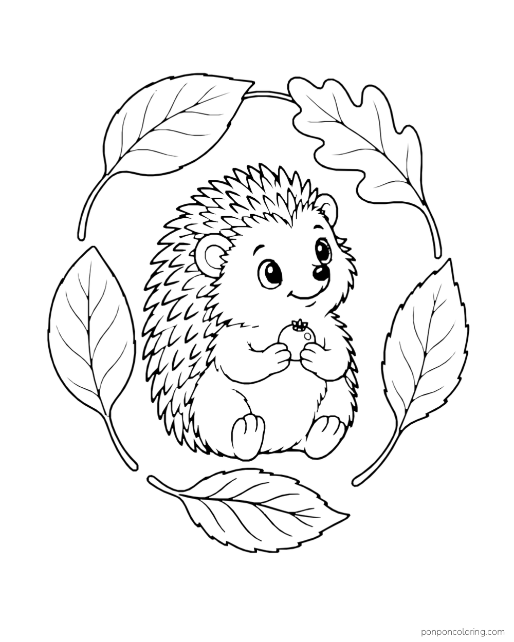 A small hedgehog sits inside an open ring of five separate leaves holding a tiny berry.