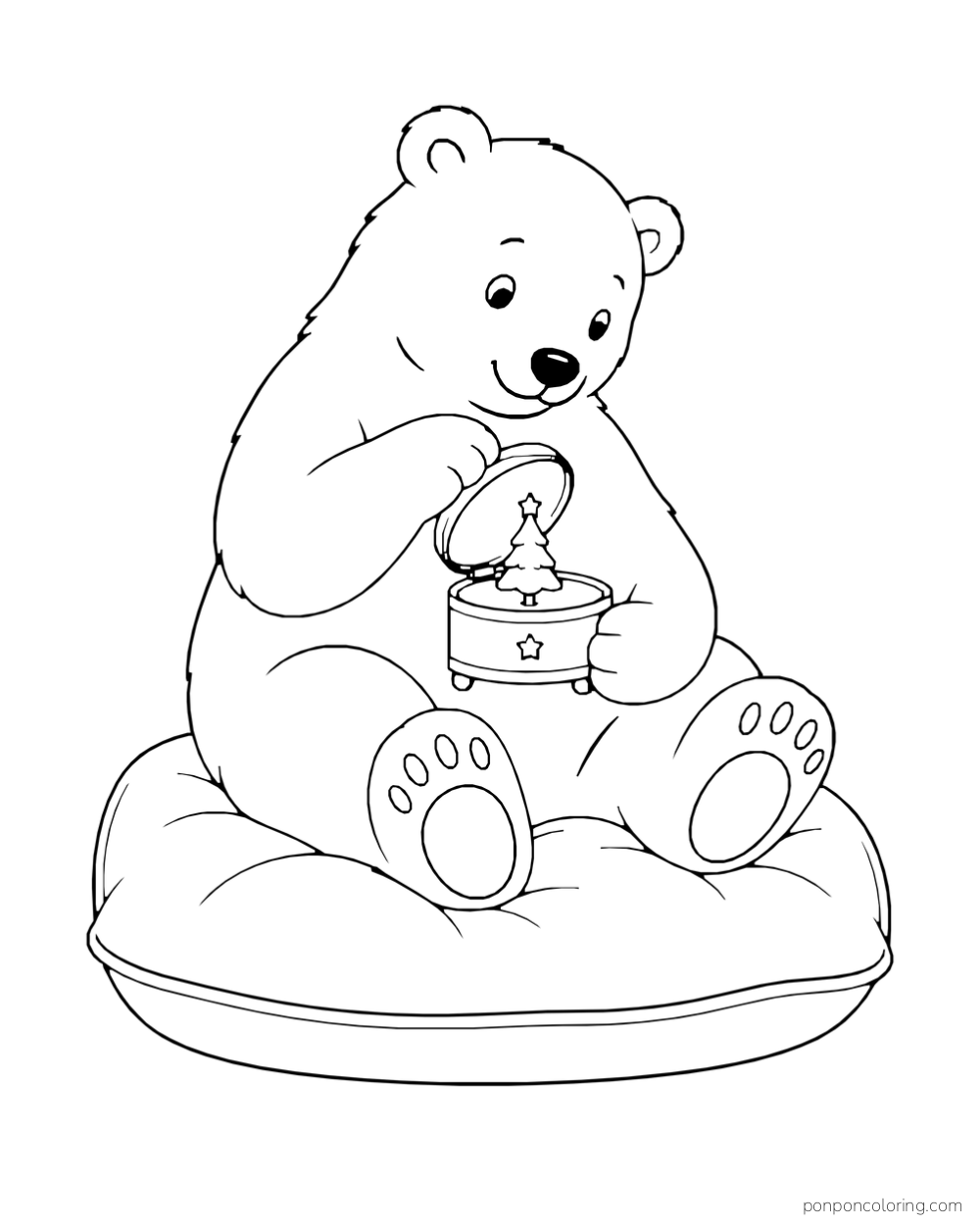 A polar bear holds a tree-shaped music box while sitting on a cushion.