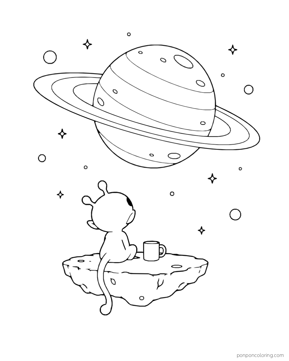 A tiny alien stands on a floating step beneath a large ringed planet.