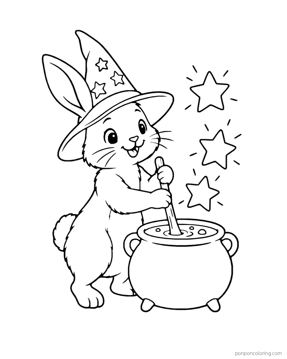 A rabbit in a pointed hat stirs a cauldron beneath three floating stars.