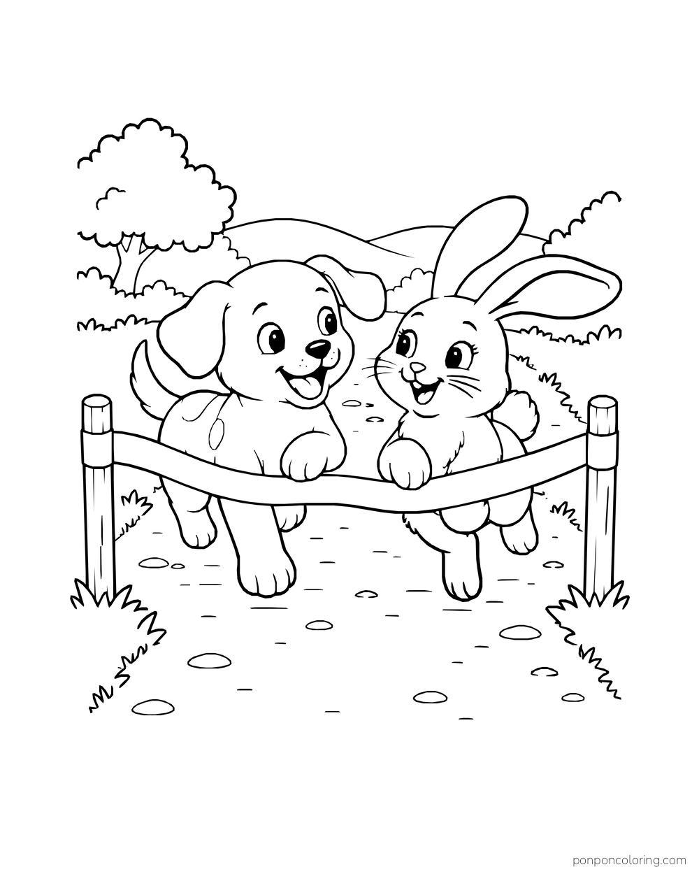 A puppy and rabbit run together across a path under a ribbon stretched between posts.