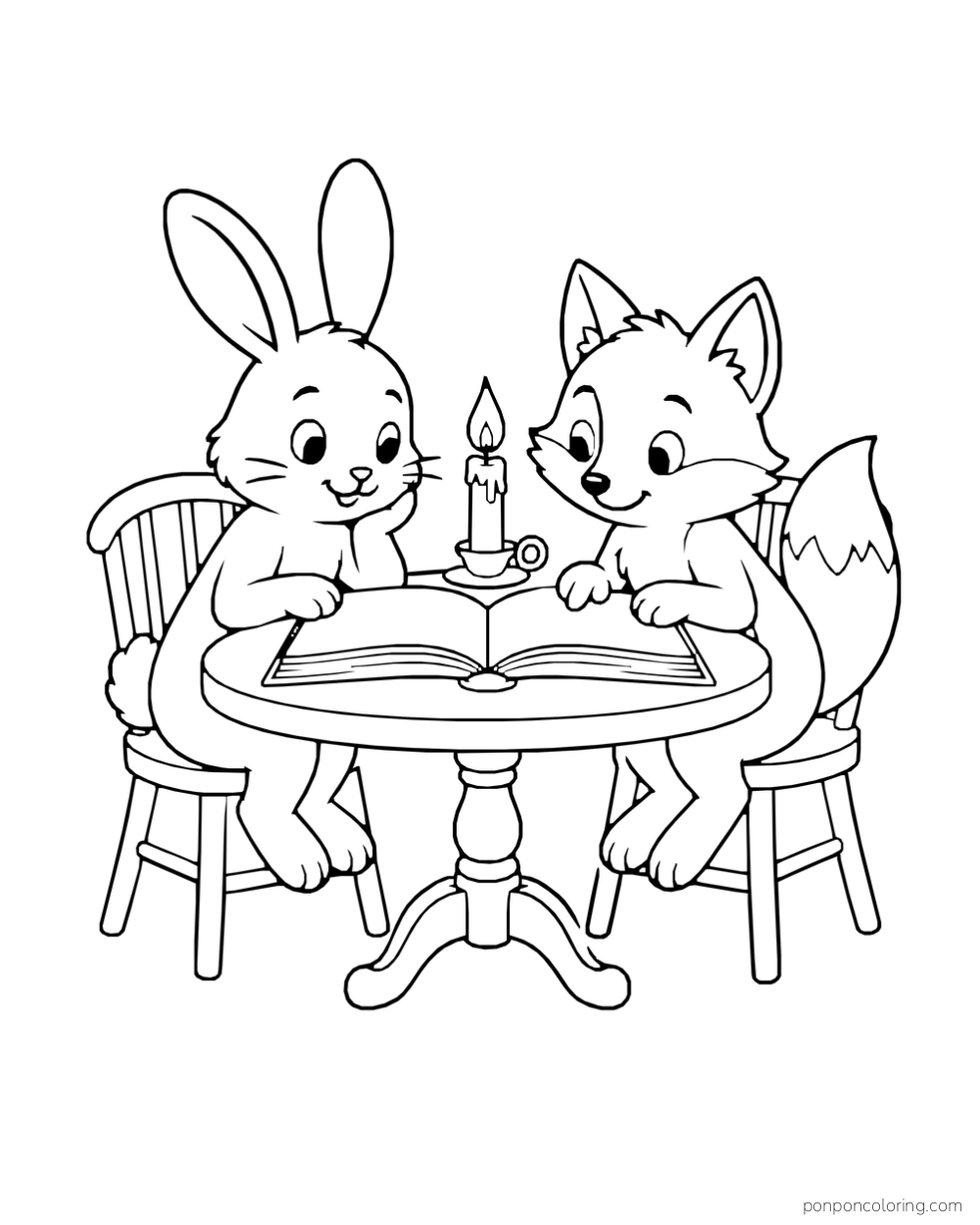 A rabbit and fox sharing an open book at a round table with a candle-shaped lamp.