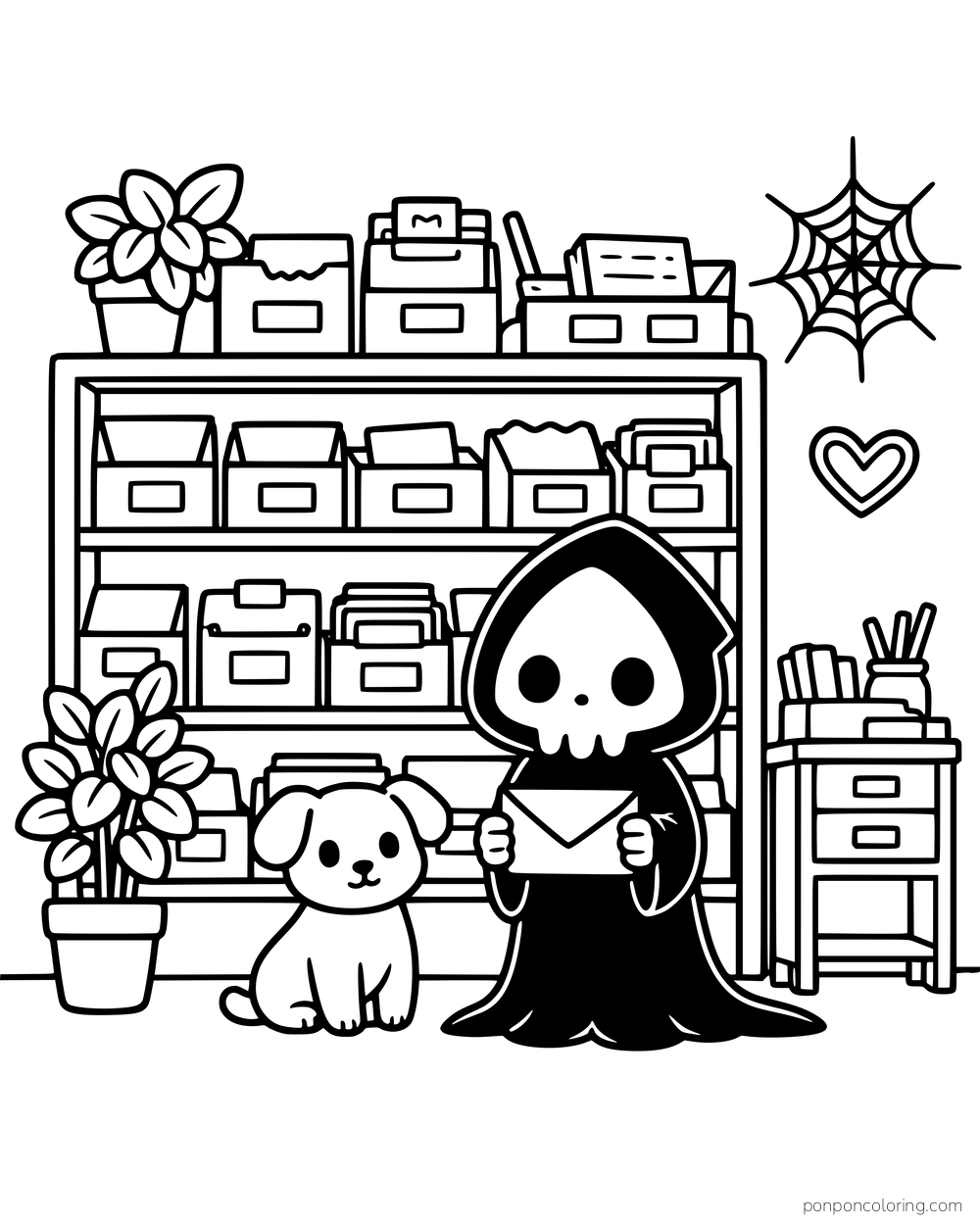A small hooded reaper stands beside a puppy and shelves of boxes, flowers, and a cobweb.