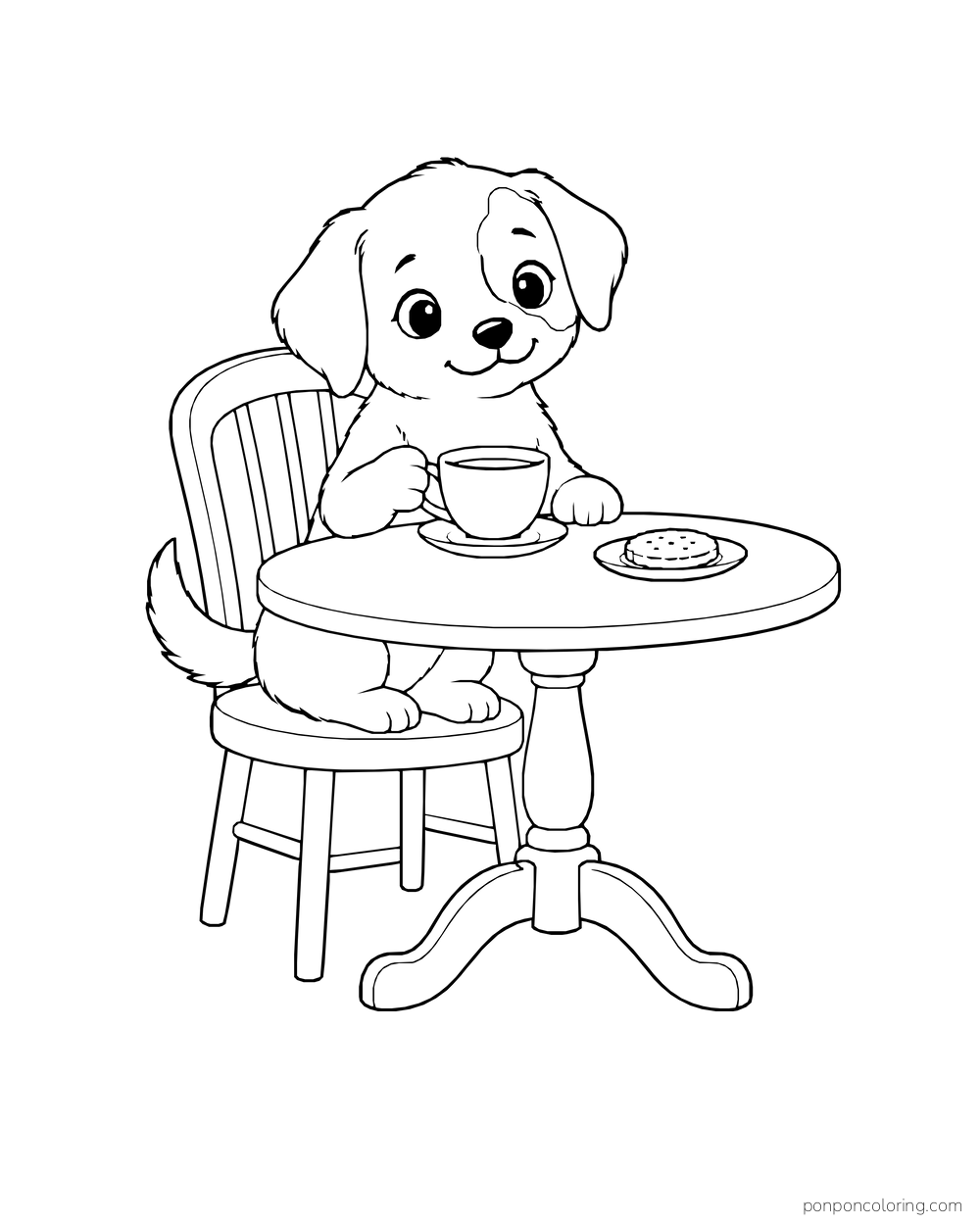 A puppy sits on a chair at a small round table with a teacup and biscuit.