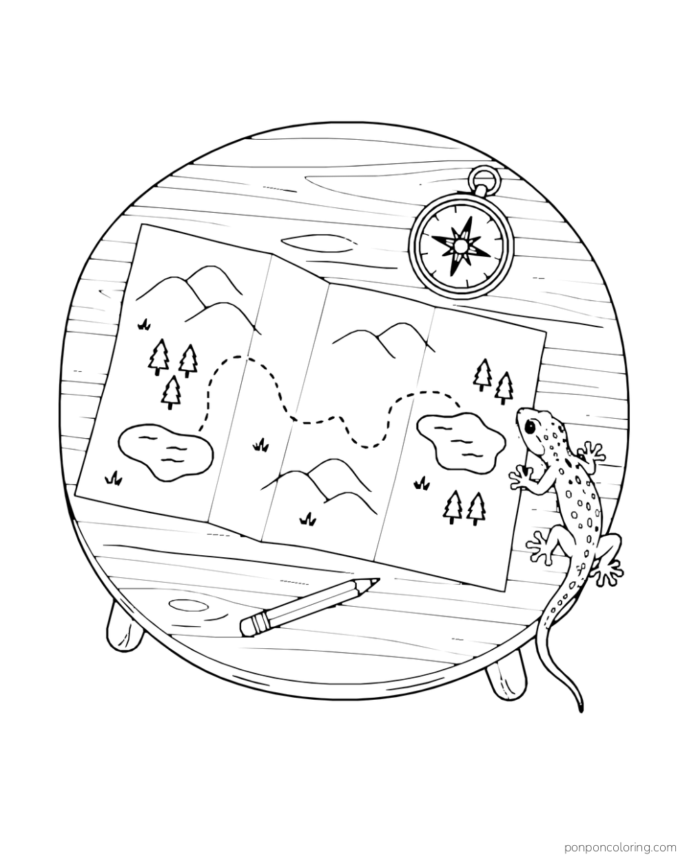 A gecko rests at the edge of a trail map on a round table beside a compass and pencil.