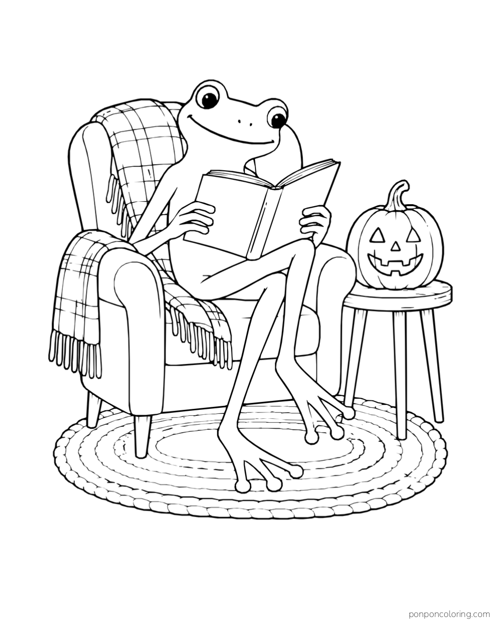 A long-legged frog reads in an armchair beside a jack-o-lantern on a stool, with blankets and an oval rug.