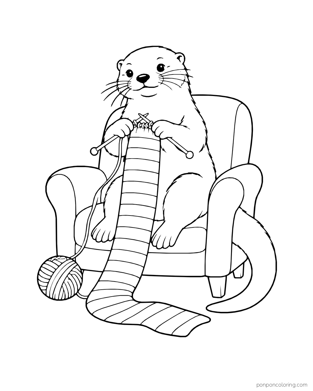Otter knitting a long striped scarf from a chair with yarn on the floor.