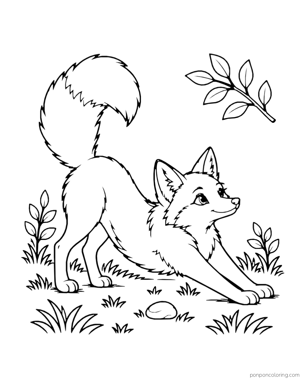 A fox stretches its front paws forward beneath a short leafy twig.