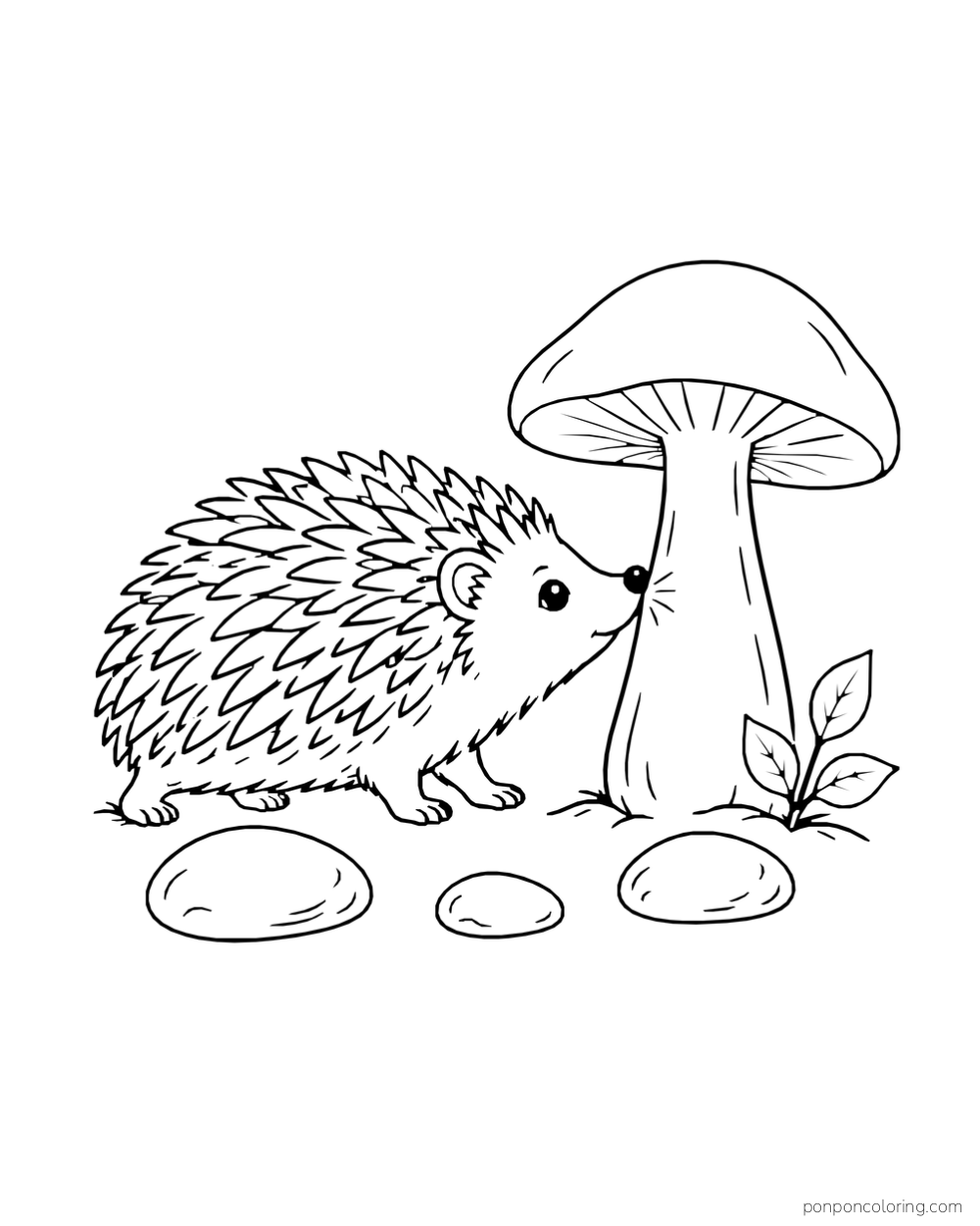 A low hedgehog noses a tall mushroom beside three stones and a small plant.