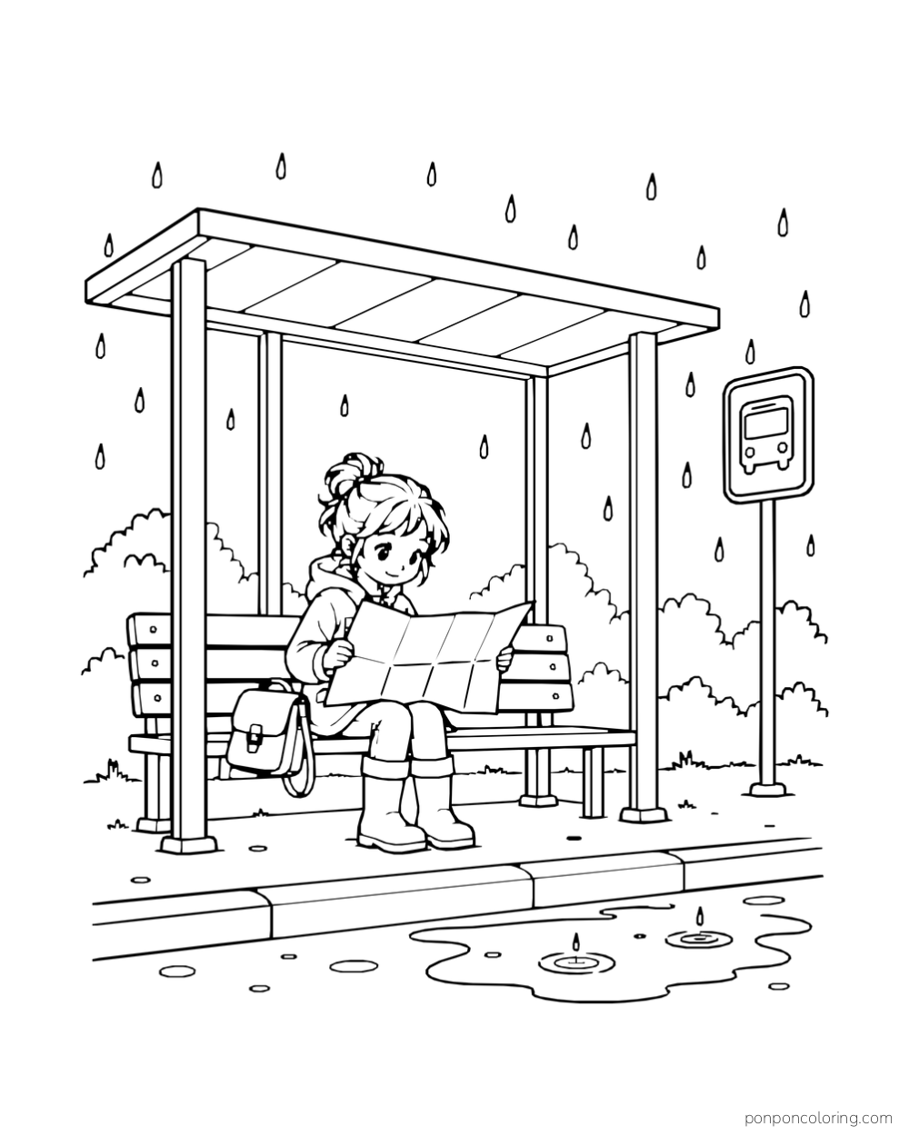 A child studies a map under a bus stop roof while rain falls beyond the shelter.