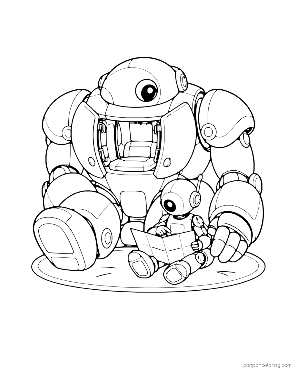 Little robot reads a map beside an opened shell mech.