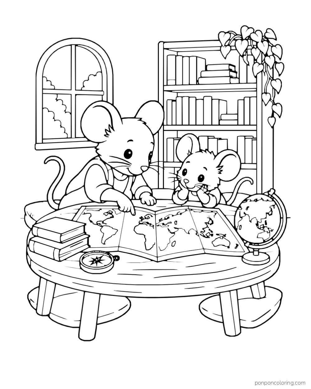 Two mice studying a foldout map on a round table beside a globe and bookshelf.