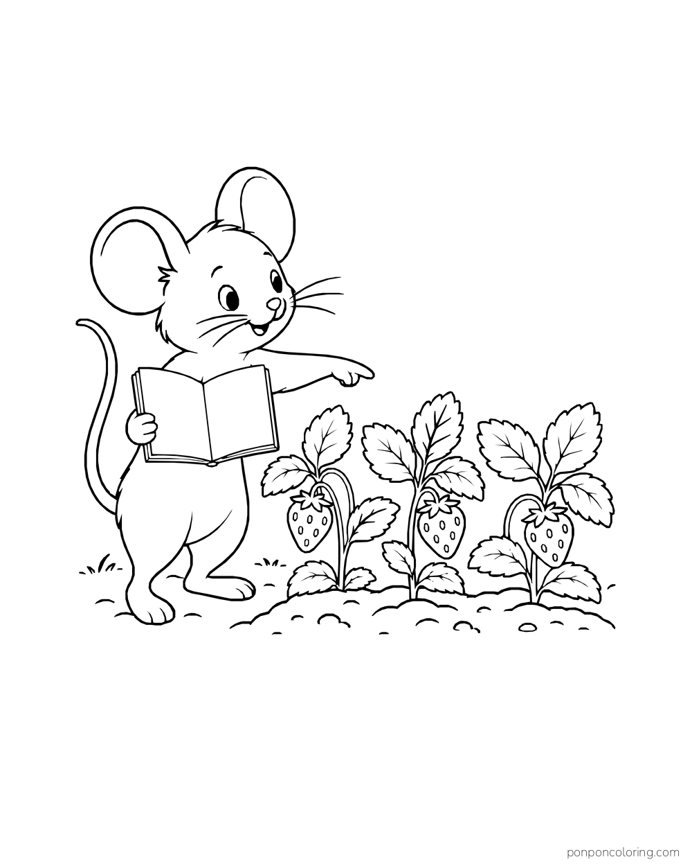A mouse points toward a row of three strawberry plants while holding a blank open notebook.