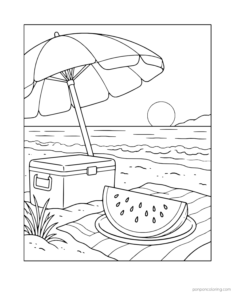 A plated watermelon wedge beside a cooler and beach umbrella near the water.