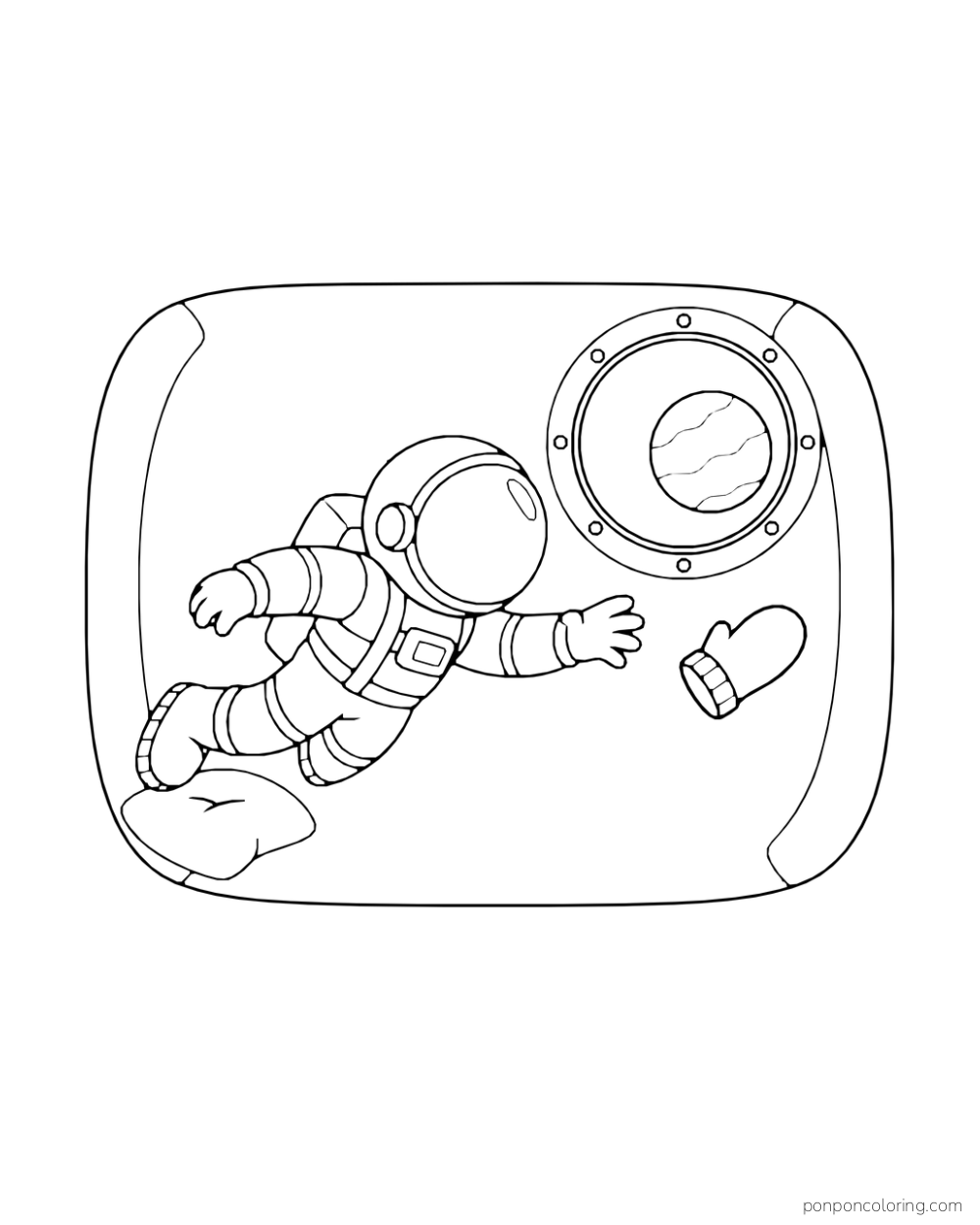 An astronaut floats across a capsule toward a mitten near a round window.