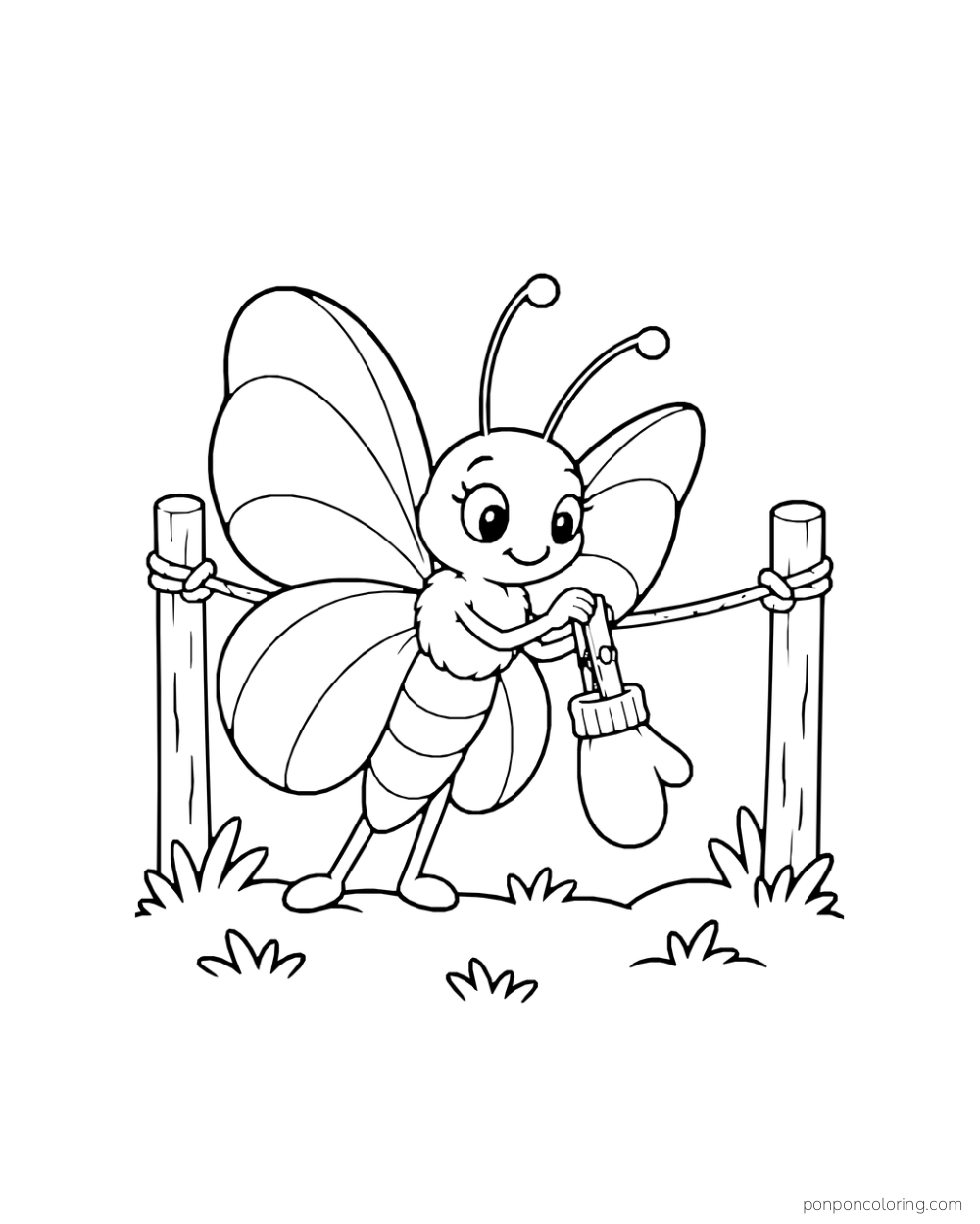 A butterfly clips a little mitten to a clothesline between two wooden posts.