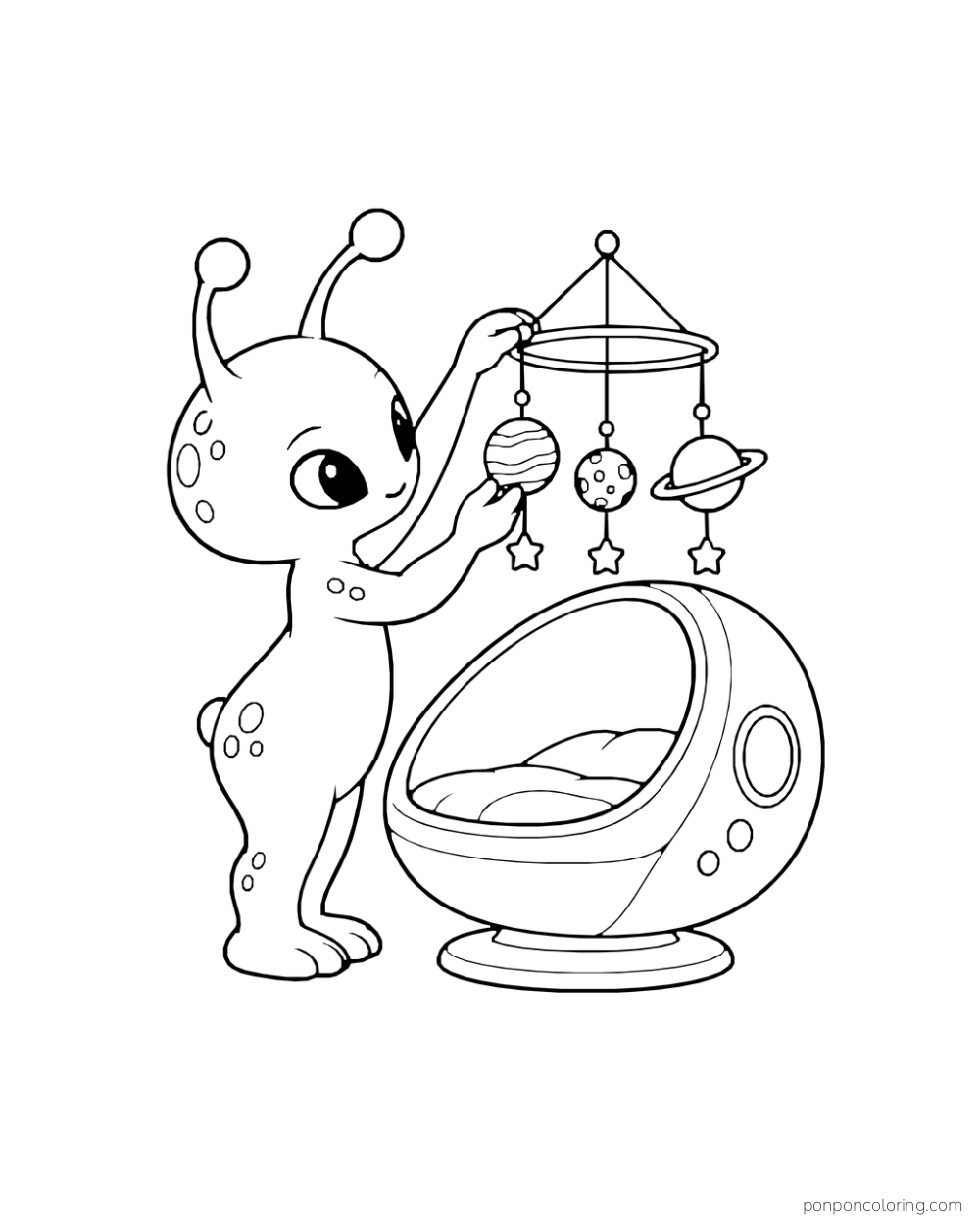 An alien hangs a planet mobile above an empty cushioned sleeping pod.