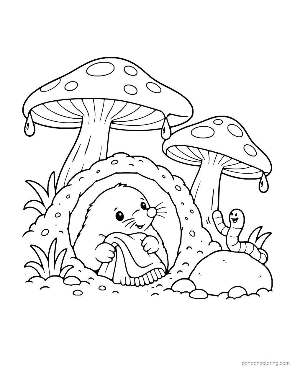 A mole holds a folded blanket in its shelter beneath dripping mushrooms.