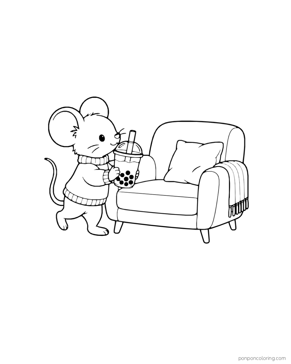 A mouse in a sweater carries a boba cup beside an armchair with a cushion and throw.