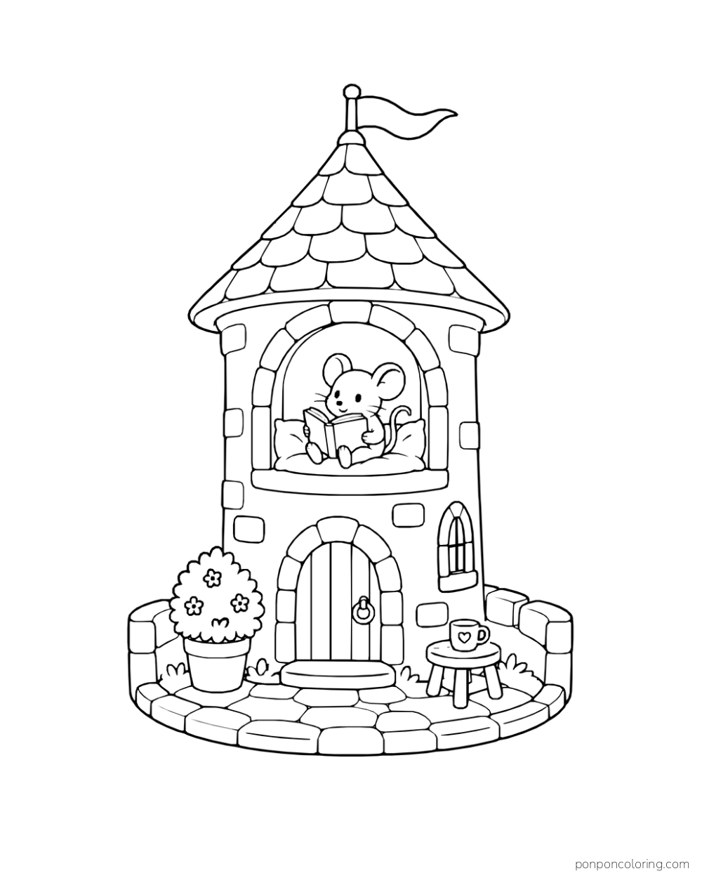 A mouse reading on cushions in an arched tower window above a door, with a potted shrub and a cup on a stool.