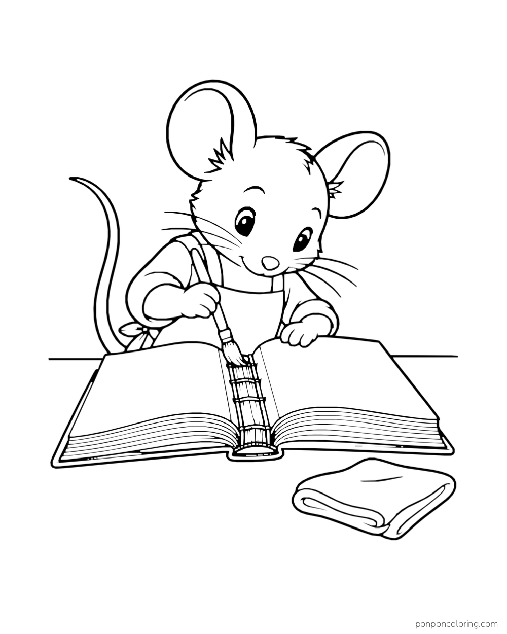 A mouse using a small brush on the spine of an open book at a table, with a folded cloth nearby.