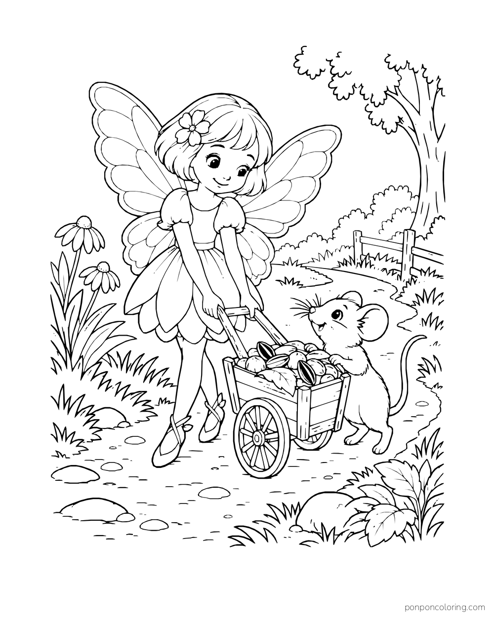 Fairy pushing a two-wheel cart beside a field mouse on a garden path.