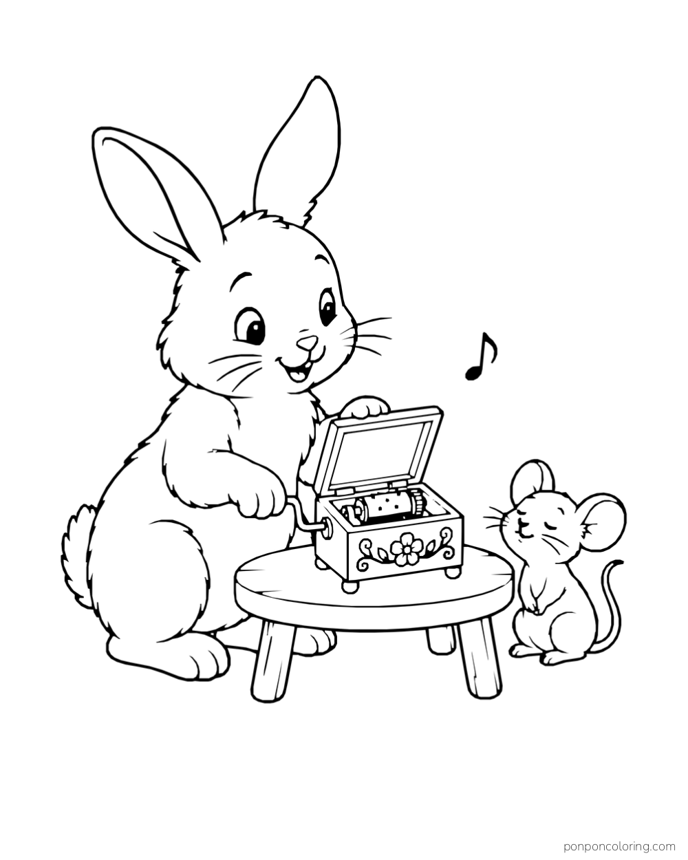 A rabbit turns a little music box on a low table while a mouse listens.
